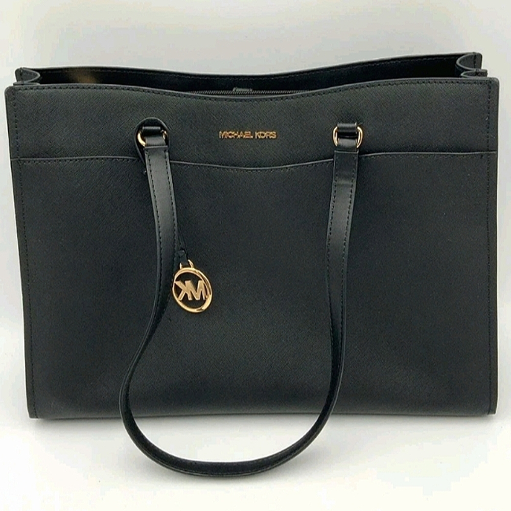 New $498 Michael Kors JET SET TRAVEL LGMF PKT TOTE LEATHER 35F4GTVT9L BLACK
